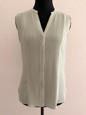 H&M Light Sage Pleated V-Neck Blouse | Sleeveless Hidden Button Minimalist Top